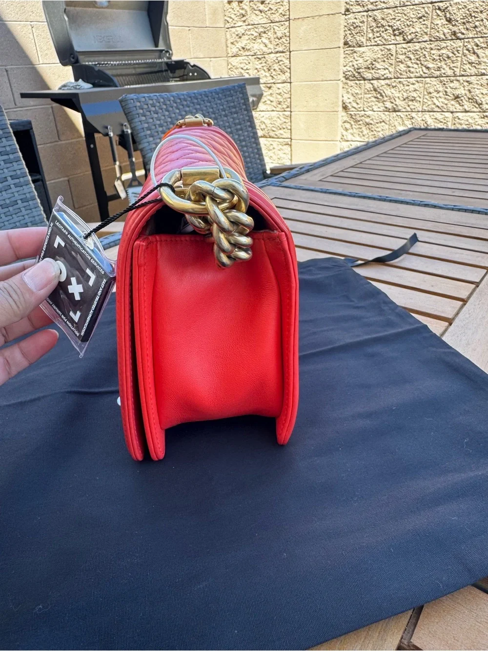 CHANEL Red Quilted Boy Shoulder Bag with Gold Hardware